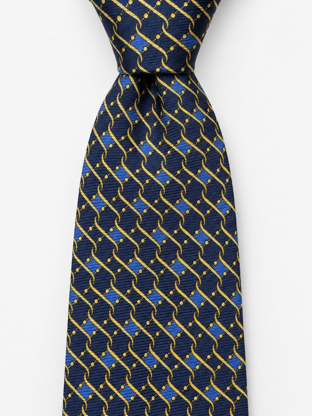 Gianni Versace Navy Gold Medusa Silk Tie Geometric Chain Pattern Italy Necktie